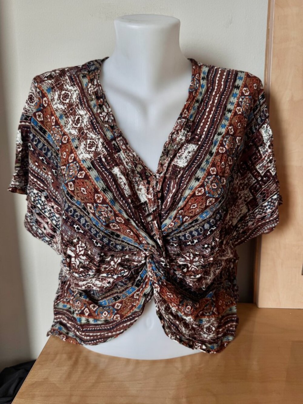 Karen Kane Brown Multi-Print Twist Front Crop Top